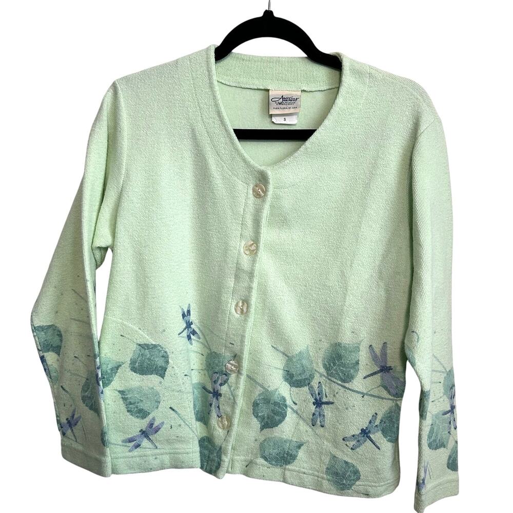 Vtg Artisans Screen Print Dragonfly Cardigan S Sage Green Botanical USA Cotton - Picture 2 of 10
